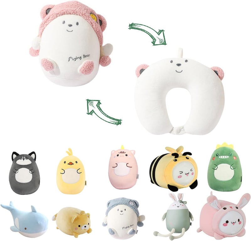stocaggio Kids Travel Pillow - 2-in-1 Deformable Kids Neck Pillow for Traveling, Soft U-Shaped Pillow with Adorable Animal Design, Comfy Sleep and Play, Ideal for Airplanes and Cars - Pink Bear - Image 1